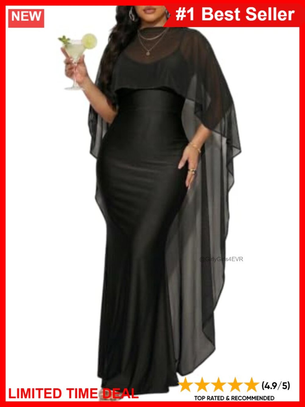 Satin Bodycon Maxi Dress with Sheer Chiffon Cape Formal Wedding Guest